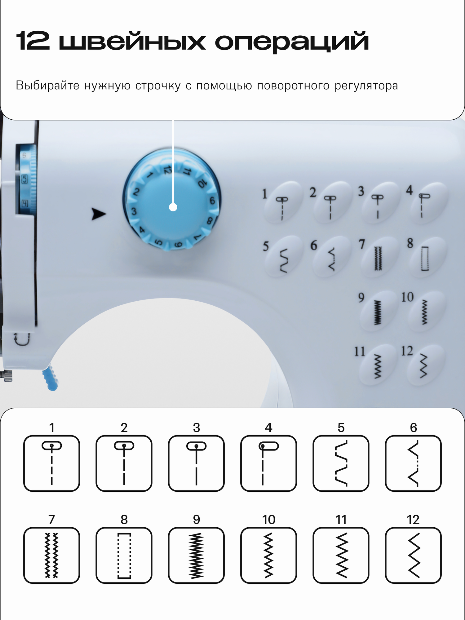 Швейная мини-машинка, 12 типов стежков, 2 скорости + педаль, белая с голубым — фото 1