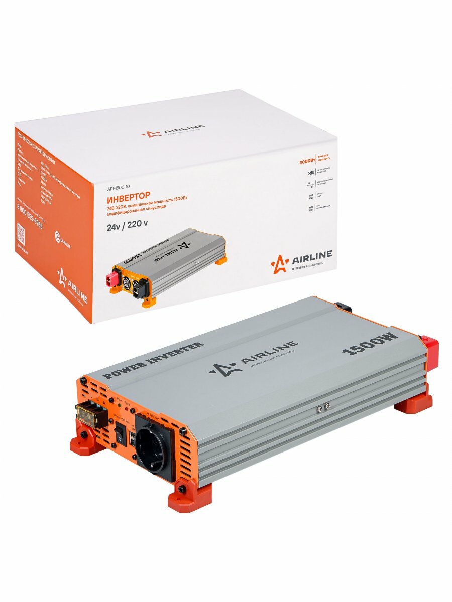 Инвертор автомобильный 24 В 220 В 1500 Вт AIRLINE API-1500-10 — фото 1