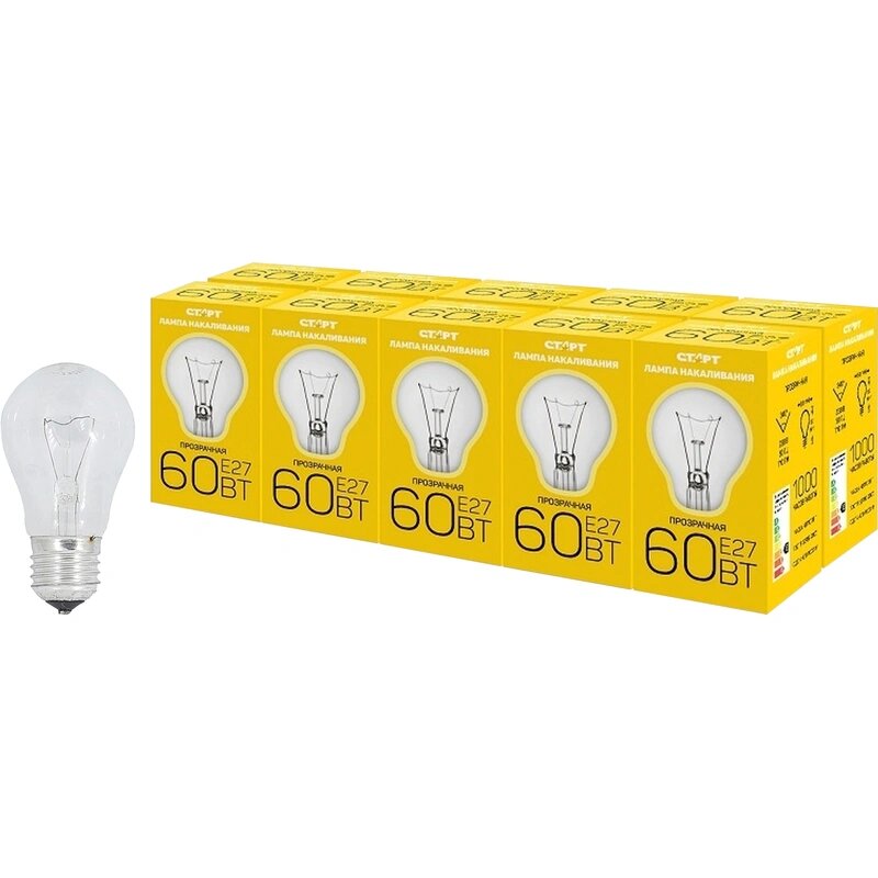 Лампа накаливания старт стандартная/прозрачная 60W E27 10 шт