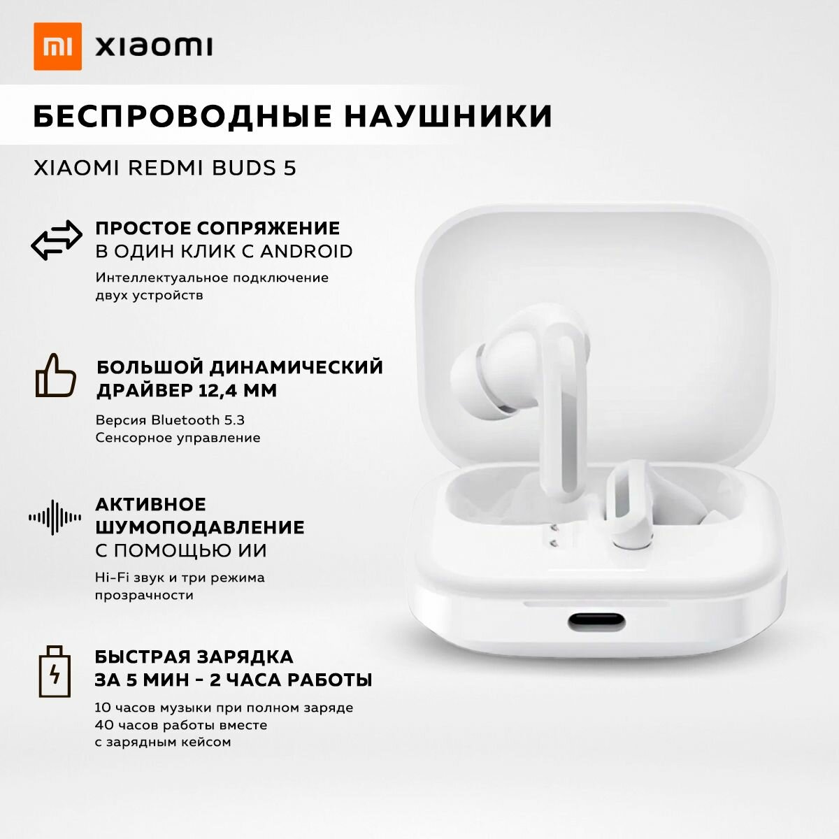 Беспроводные наушники Xiaomi Redmi Buds 5, белый / модель: M2316E1 / BHR7628GL