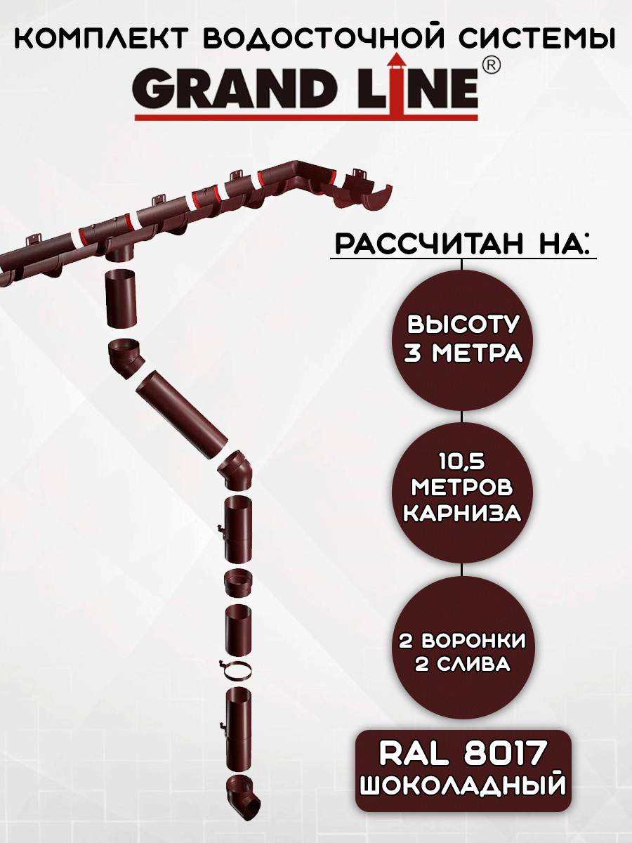 Комплект водосточной системы Grand Line шоколад 10.5 метров (2 слива) (120мм/90мм) водосток для крыши пластиковый Гранд Лайн (RAL 8017)