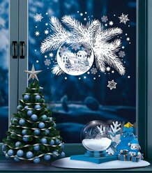 Новогодние наклейки на окна и стены "Шар на еловой ветке", для декора на новый год, двусторонние, размер листа 23,7х33 см