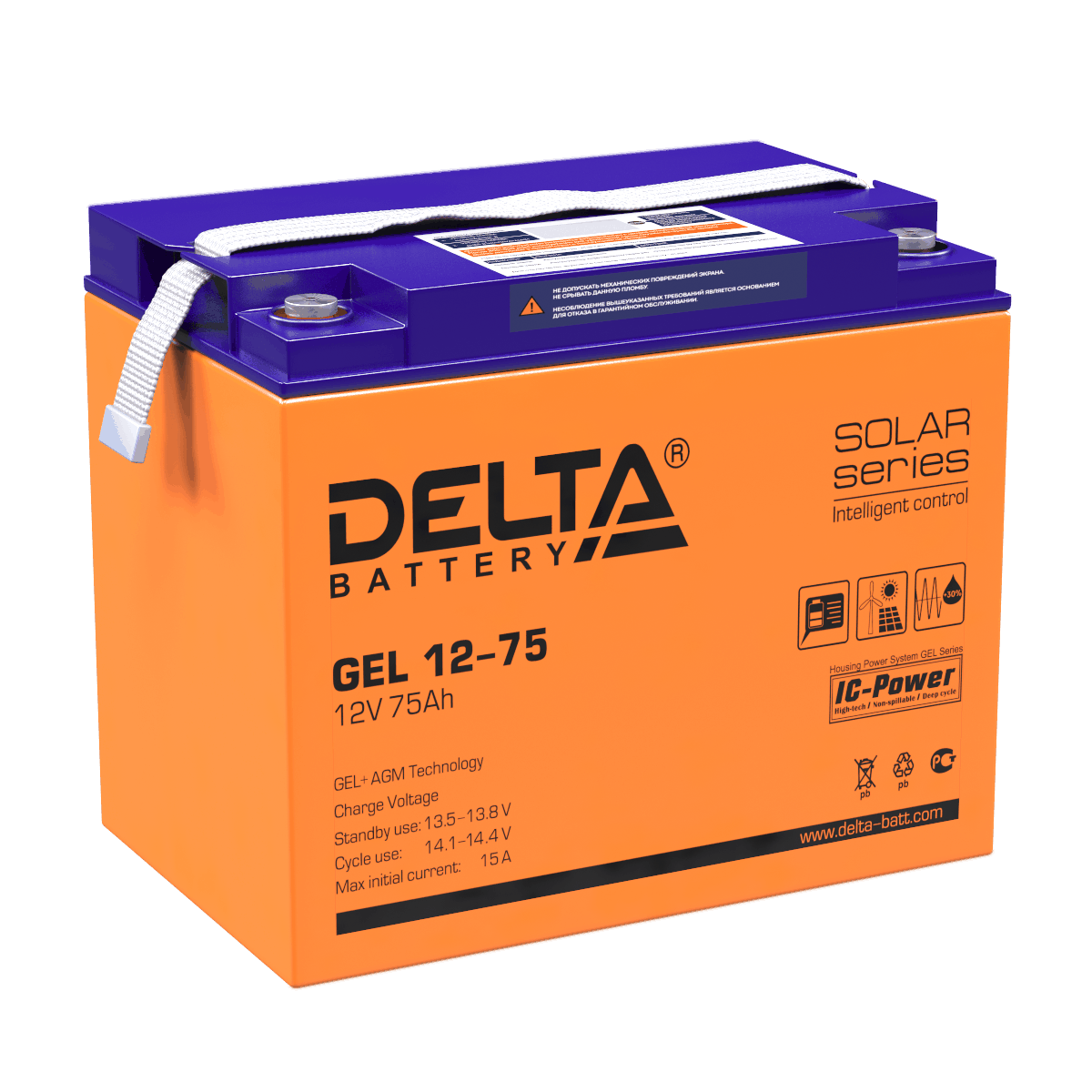 Аккумулятор DELTA гелевый GEL 12-75 (12В, 75Ач / 12V, 75Ah / вывод под болт M6)