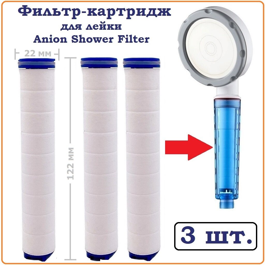Фильтр-картридж сменный для Anion Shower Filter (Blue / Silver) лейки-фильтра для душа, 3 шт / размер: 22 х 122 мм