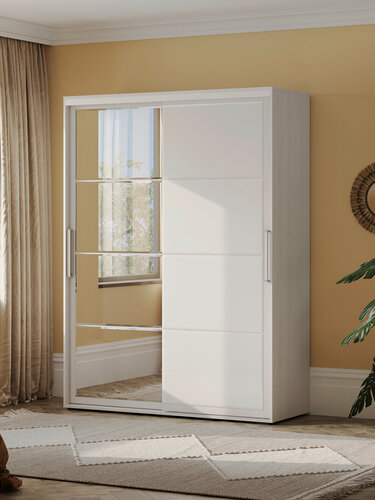 Изображение товара Шкаф-купе для одежды и хранения вещей и хранения вещей Крафт Халф с зеркалом, с полками, с ящиками, со штангой, 160.2х59.4х217.6 см, Белый ясень