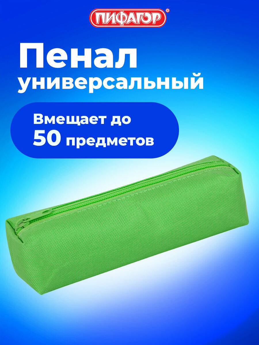 Пенал-тубус Пифагор на молнии, ткань, зеленый, 20х5 см, 272258