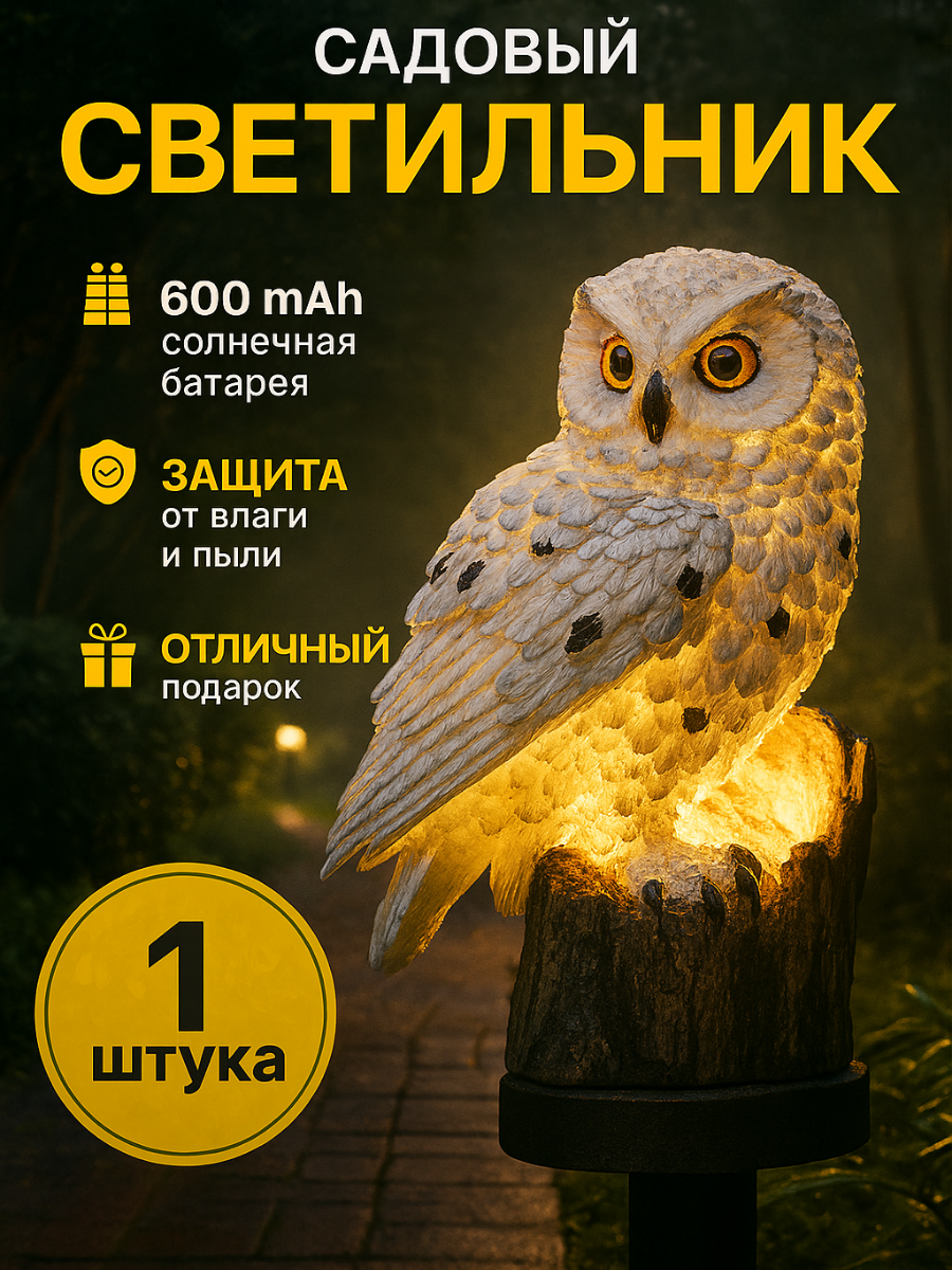 Уличный светильник на солнечной батарее Сова. Фонарь садовый на солнечной батарее.