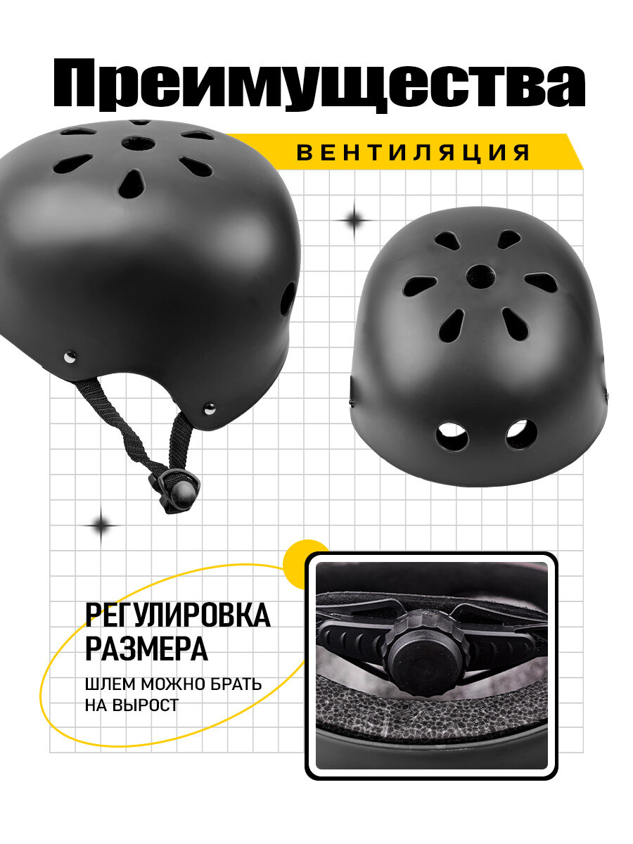 Защитный шлем для самокатов, BMX, велосипеде и тд, для любого возраста, размер 53-57, черный — фото 1