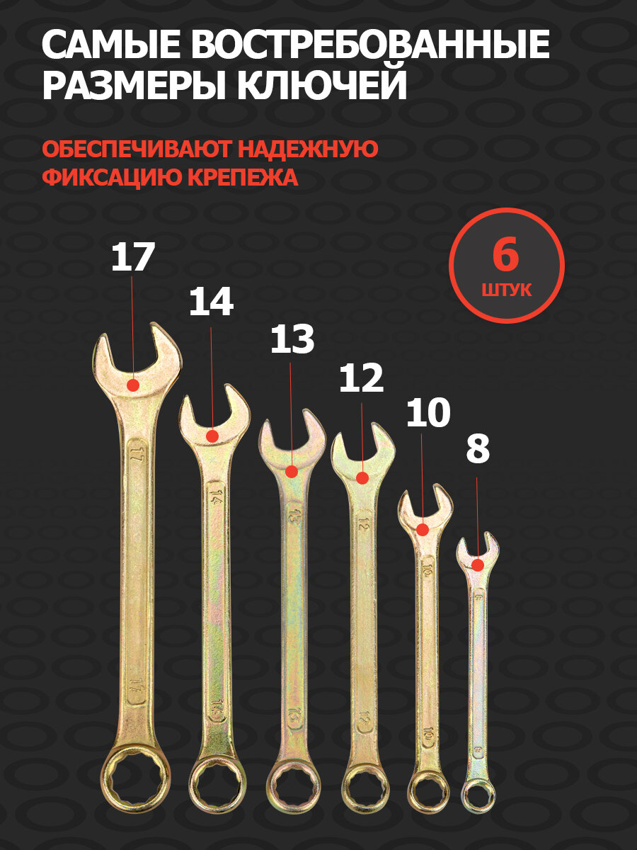 Набор ключей комбинированных REXANT (8, 10, 12, 13, 14, 17 мм), 6 шт, желтый цинк — фото 1