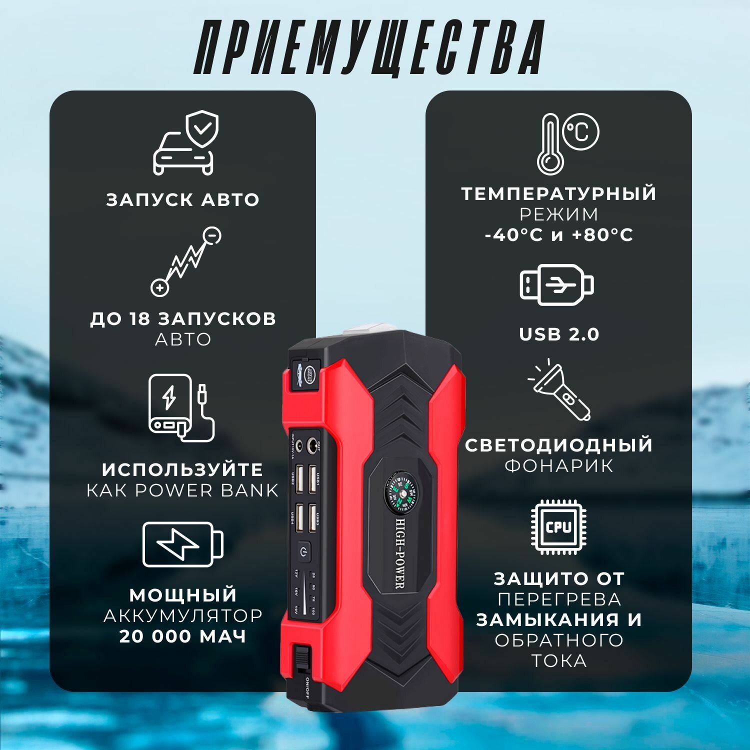Зарядные И Пусковые Устройства Для Аккумулятора Xiaomi Портативное пусковое зарядное устройство для автомобиля, ПЗУ для запуска двигателя авто c Power Bank и LED фонарем, объем аккумулятора - 20000 мАч