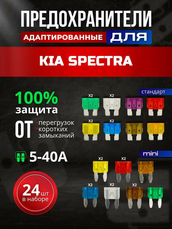 Предохранители для КИА Спектра (KIA Spectra) / автомобильный набор Мини + Стандарт, 24 штуки с пинцетом / флажковые 5-40 А
