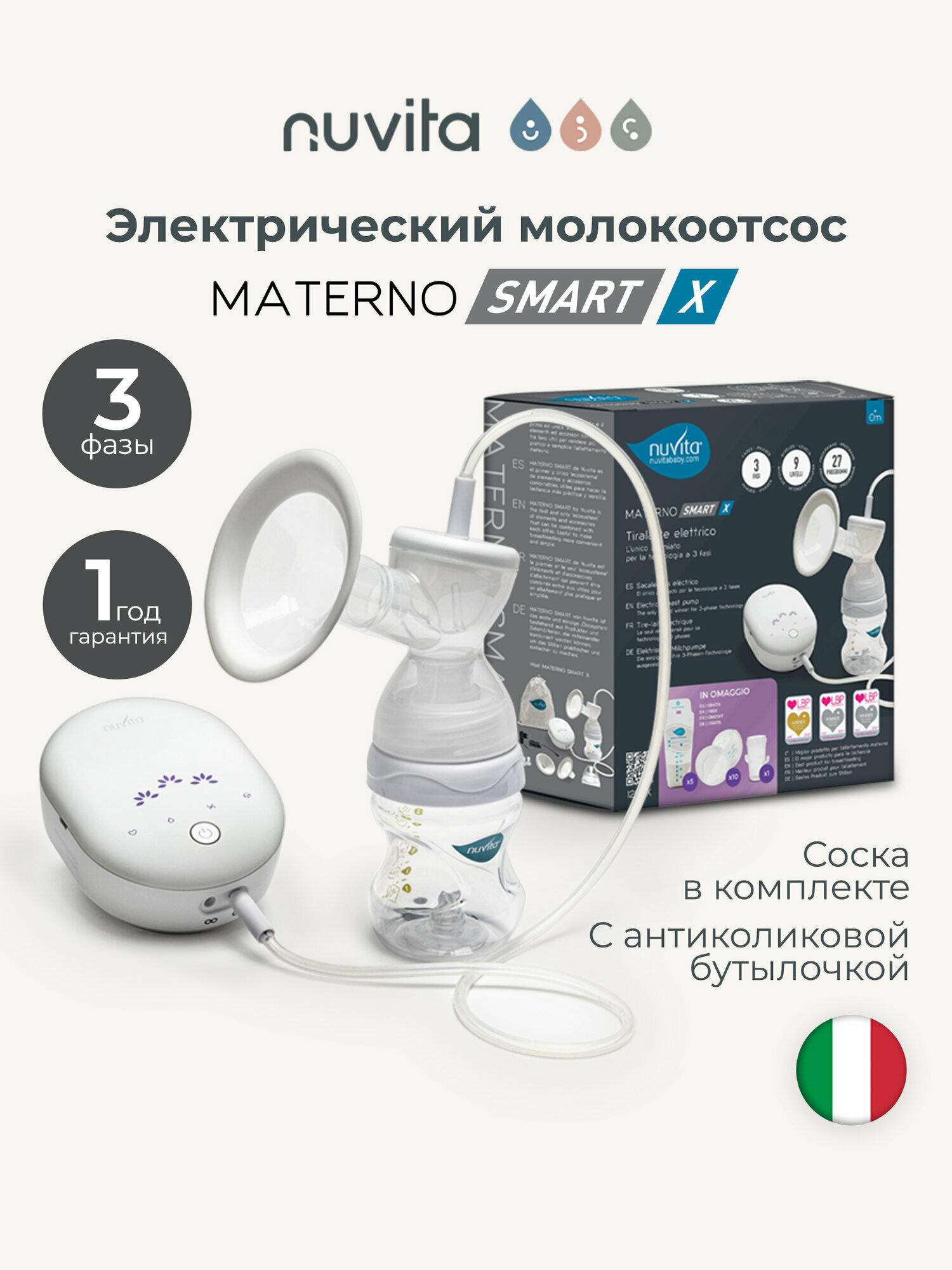 Молокоотсос электрический трехфазный Nuvita Materno Smart X 1287X с бутылочкой для кормления 150 мл