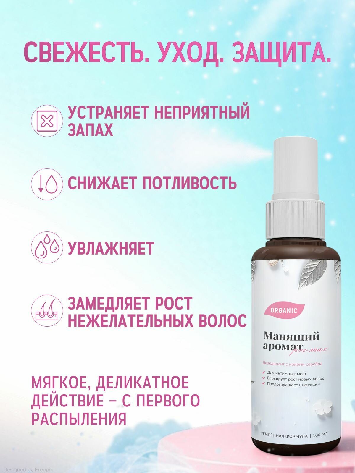 Изображение Натуральный дезодорант спрей для интимной гигиены женщин с ионами серебра, без парабенов, замедляет рост волос - 100мл.