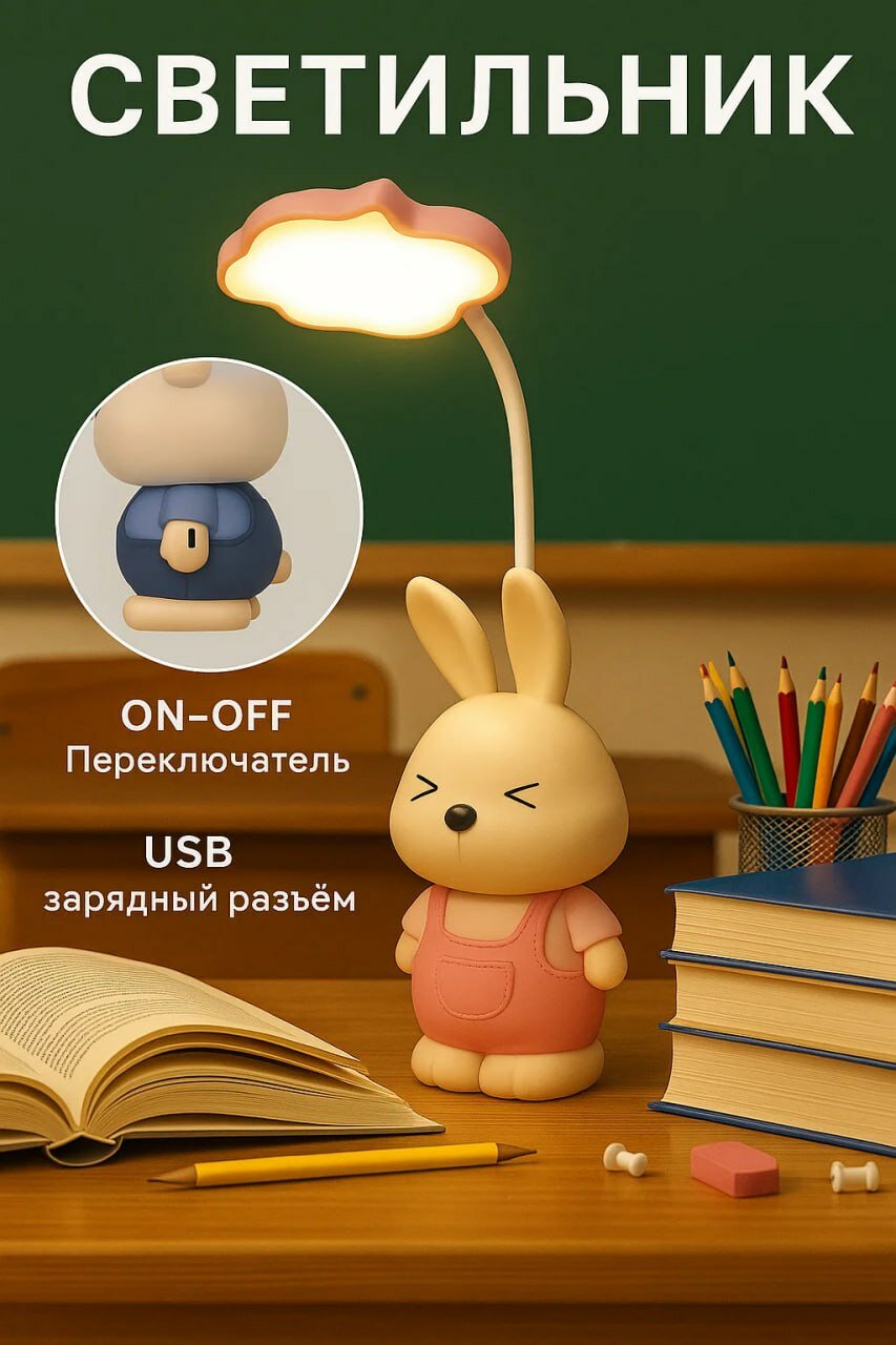 Светодиодная настольная лампа с изображением персонажа мультфильма. Мягкий свет, вращение на 360°, весёлая и подходит для детей. Идеальный выбор для чтения и использования перед сном.