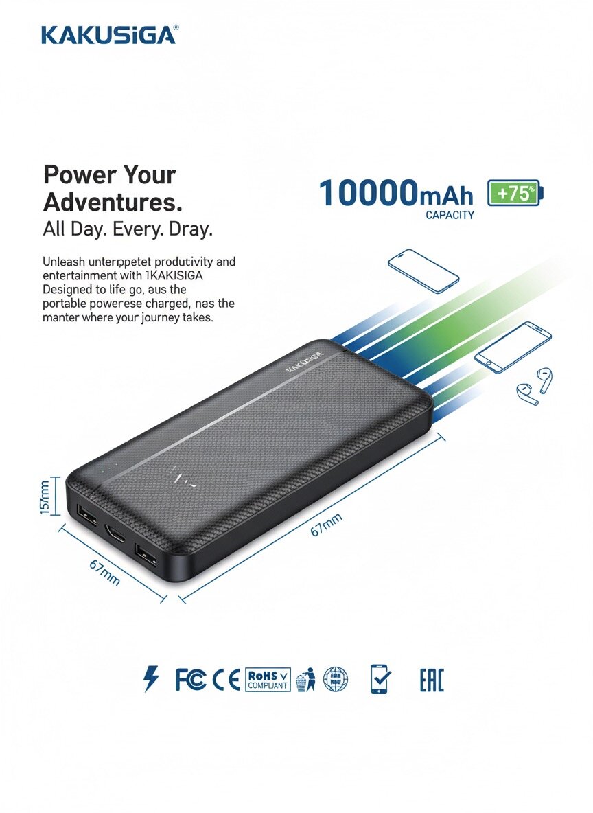 Внешний аккумулятор kakusiga Premium, 10000mAh, 2 USB выхода, быстрая зарядка, чёрный