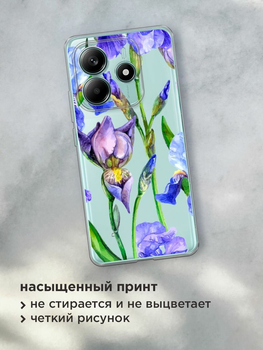 Чехол на Xiaomi Redmi Note 14 4G / Редми Нот 14 4G с принтом "Синие ирисы", прозрачный — фото 1