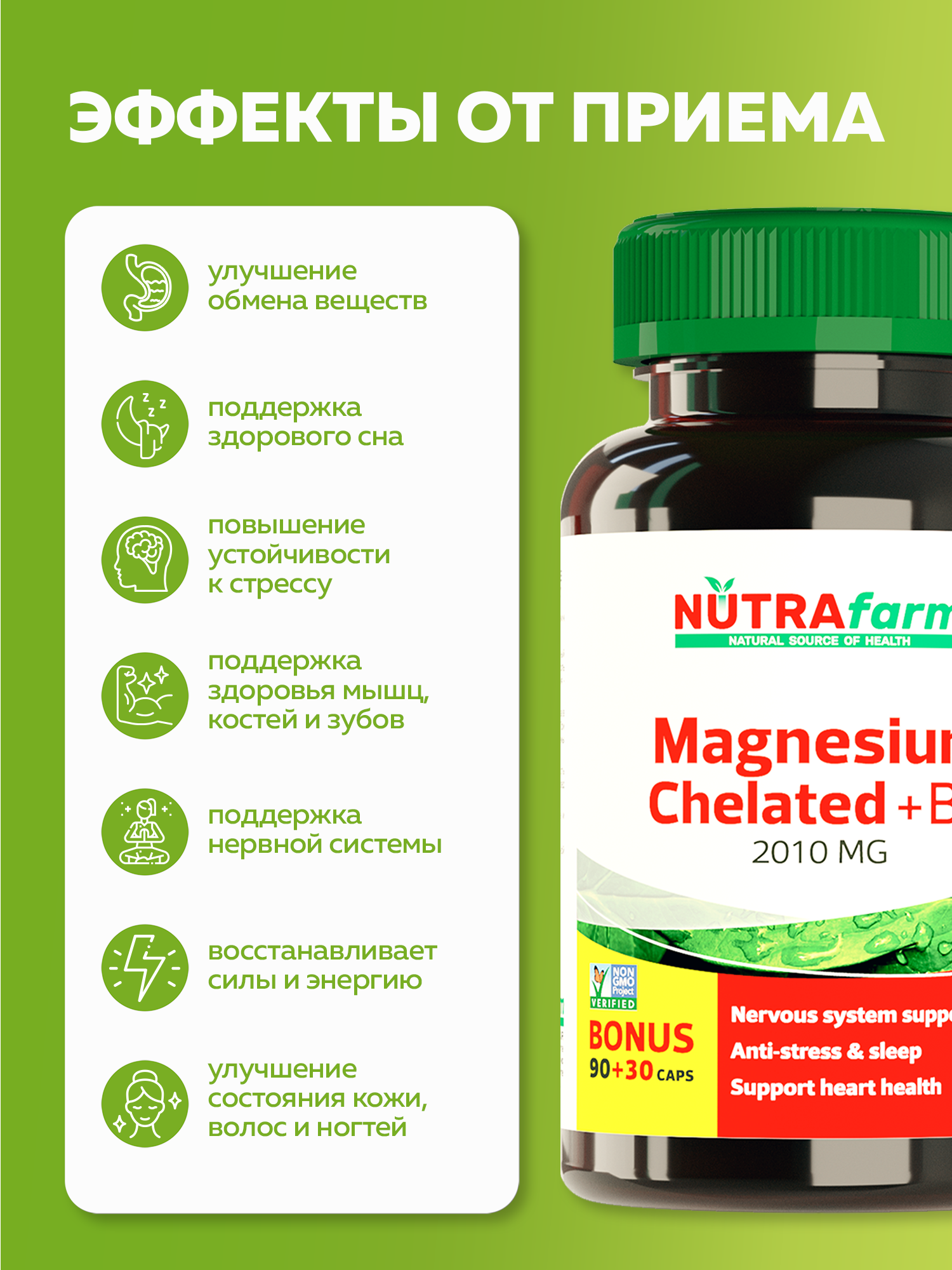 Магний хелат + В6 NUTRAFARM Magnezium 120 капсул от стресса, для сна, нервной системы, снятия мышечных спазмов и судорог — фото 1