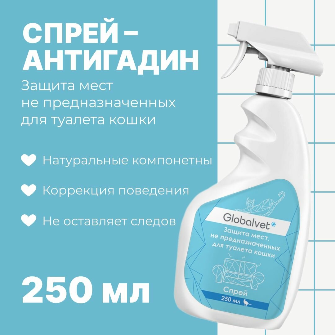 Спрей антигадин Globalvet для защиты мест не предназначенных для туалета кошки 250 мл