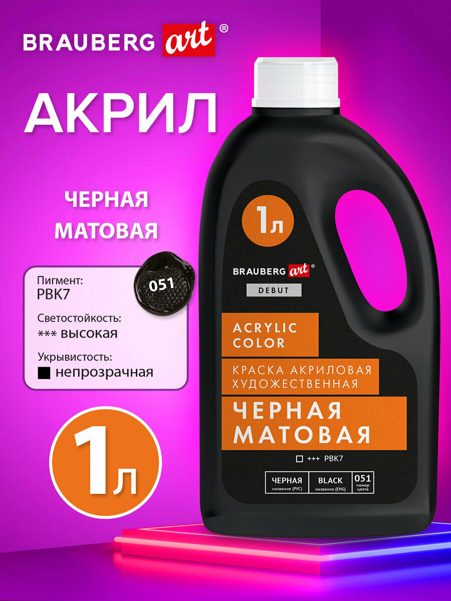 Акриловые краски художественные черные матовые, акрил для рисования по холсту, дереву 1000 мл бутыль, Brauberg Art Debut, 192538