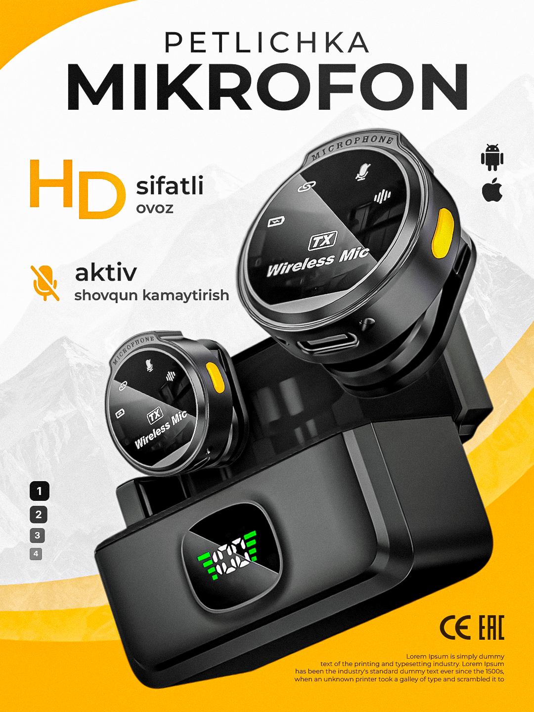 Беспроводной петличный микрофон 2 в 1, для iPhone и Android, с разъёмом Type-C и Lightning