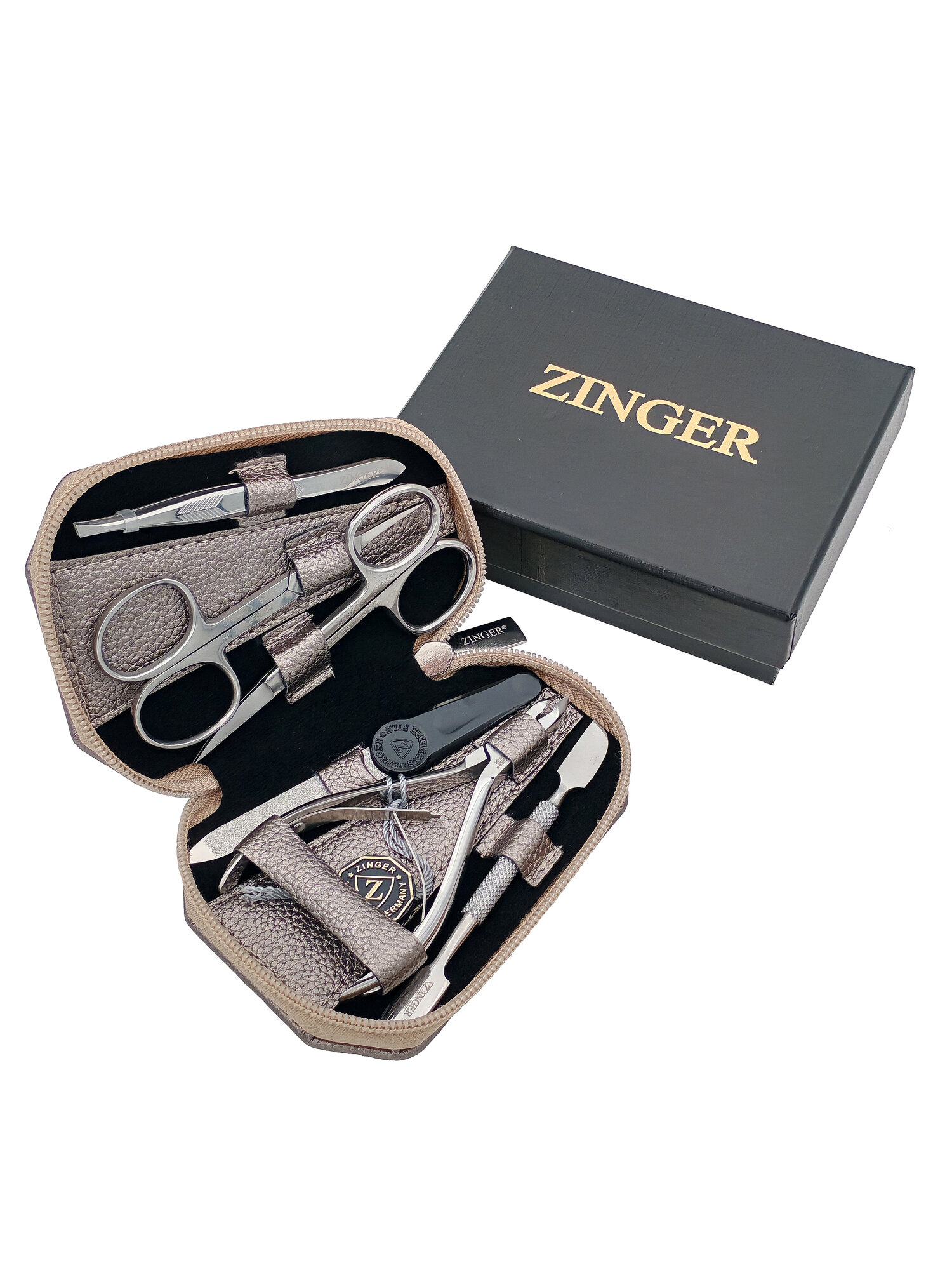Маникюрный набор Zinger 7103, 6 предметов, медицинская сталь, серебристый/светлый шампань