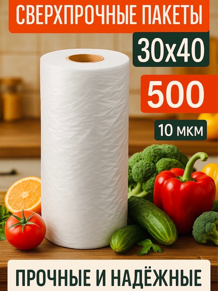 Пакеты фасовочные 30х40 500 штук 10 мкм, для упаковки продуктов, овощей, заморозки мяса