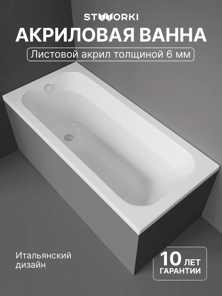 Акриловая ванна STWORKI Ларвик 150x70 с каркасом пристенная белая глянцевая прямоугольная