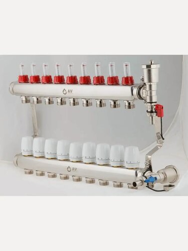 Изображение товара Комплект коллекторов AV Engineering для теплого пола и водоснабжения на 9 контуров с расходомерами (AVE13600109)