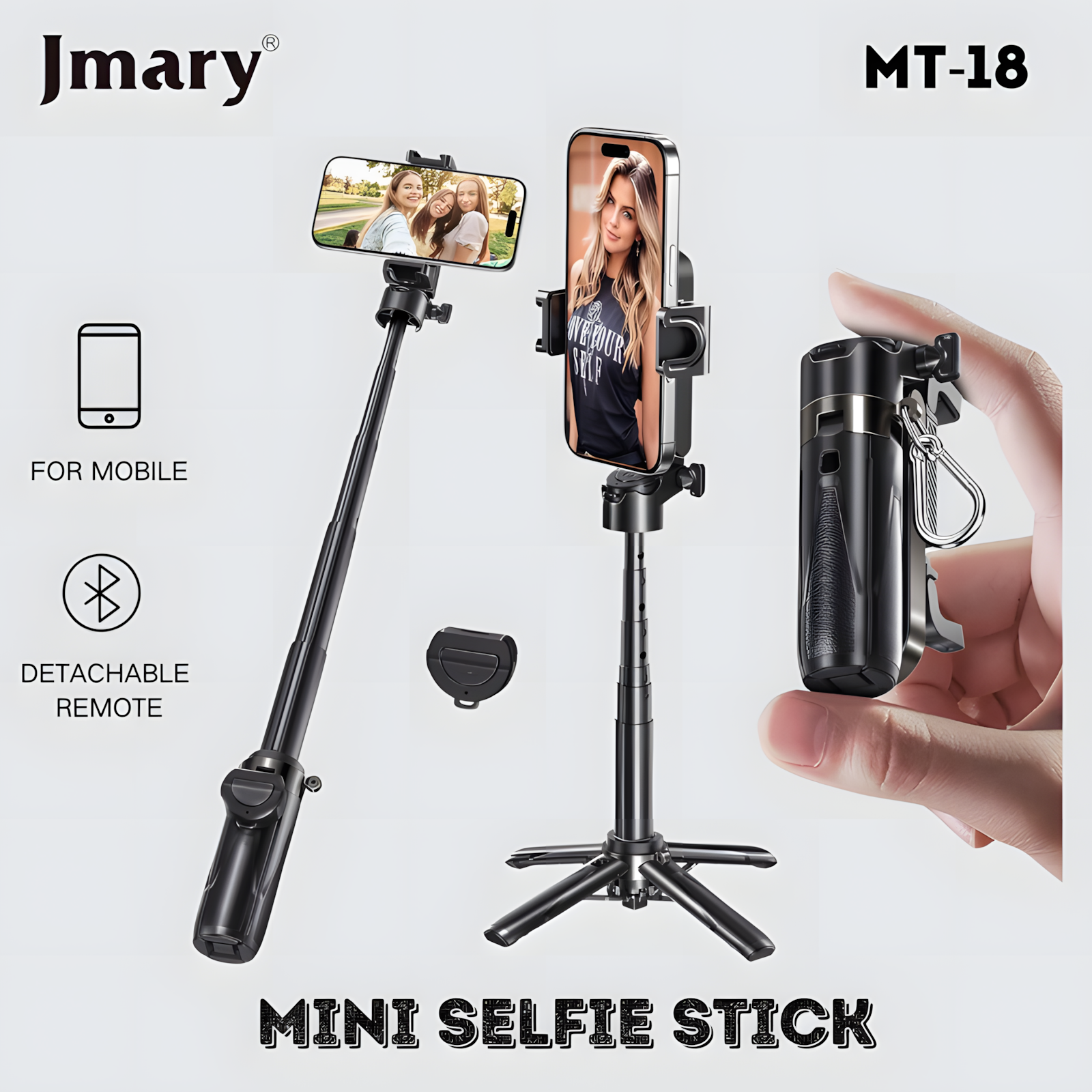 Трипод и селфи-палка JMARY MT-18 BLACK – 41.5 см, с Bluetooth пультом, компактный и лёгкий