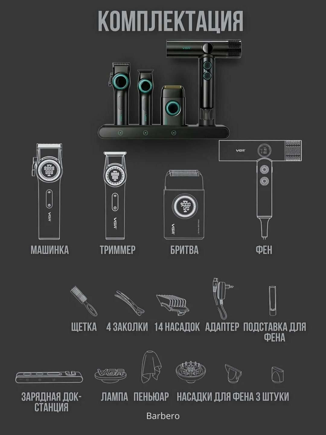 Профессиональный набор, фен 4 в 1 для профессиональных барберов с чемоданом — фото 1