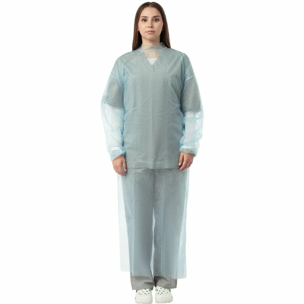 Халат н/с , на завязк, рук. рез, дл.110см, XL, пл 20, голуб, 10 шт/уп, 1634597