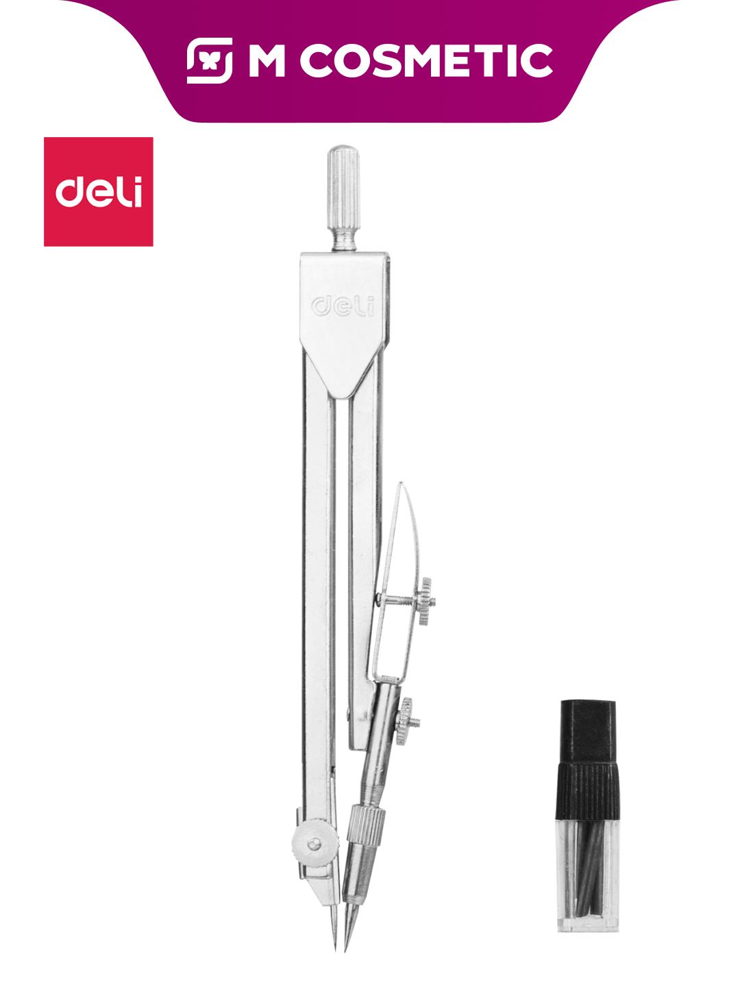 Циркуль DELI, с набором грифелей, чертежный, серебристый, металлический