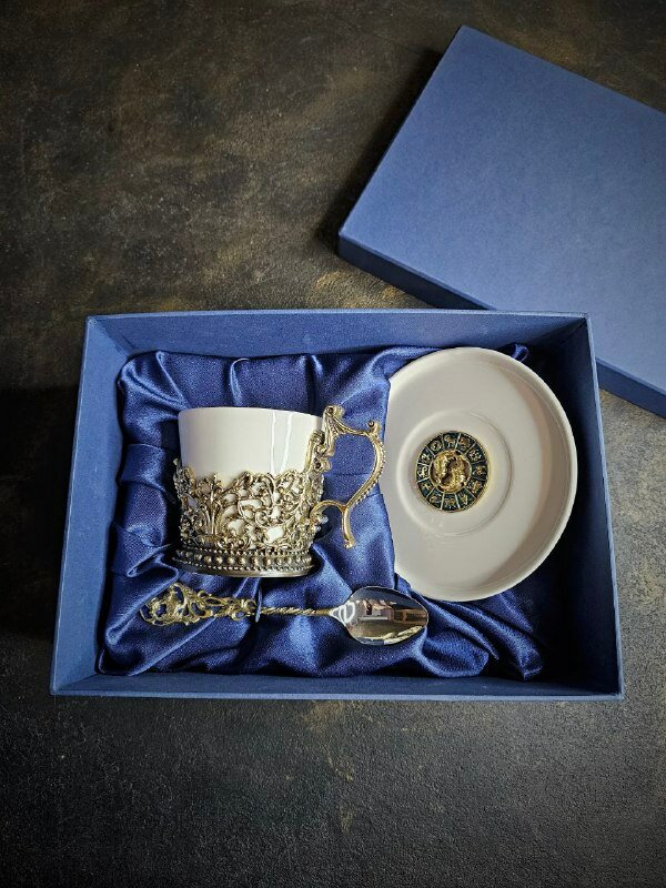 Набор чайный знак зодиака рыбы, бронза фарфор в подарочной коробке