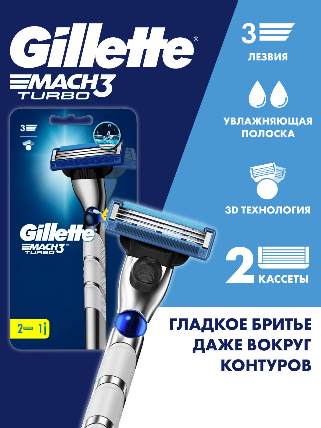 Mach3 Turbo, 2 кассеты, с 3 лезвиями, для точного бритья