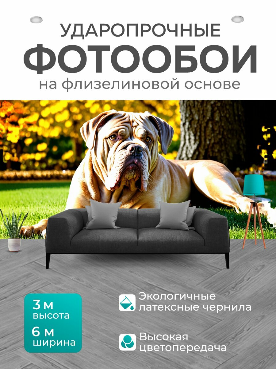Фотообои моющиеся ударопрочные "Картинка, изображающая бурбуля — массивную, но дружелюбную собаку с характерными морщинами, лежащую на мягком, зелёном" 600x300 см. флизелиновые на стену