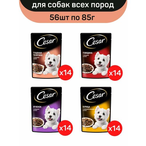 Влажный корм Cesar, для взрослых собак Микс вкусов: с курицей, с говядиной, с ягненком, с телятиной, 56 шт по 85 г