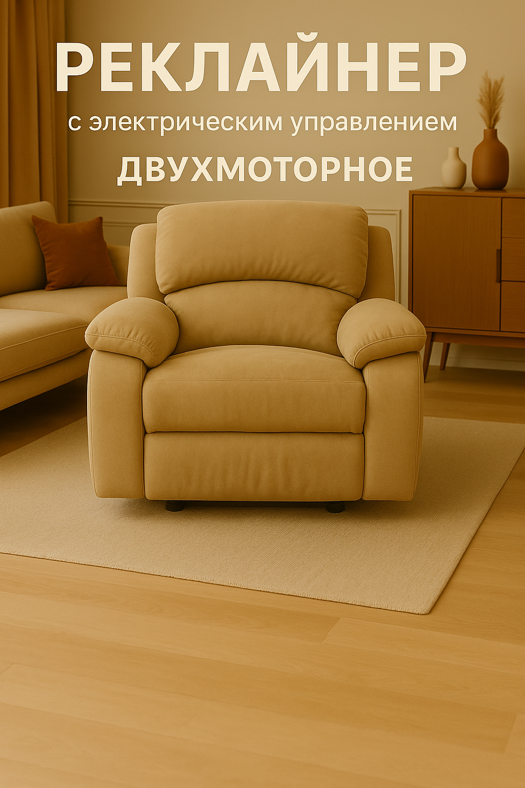 Кресло Реклайнер, бежевое, велюровое, двухмоторное, с электроприводом