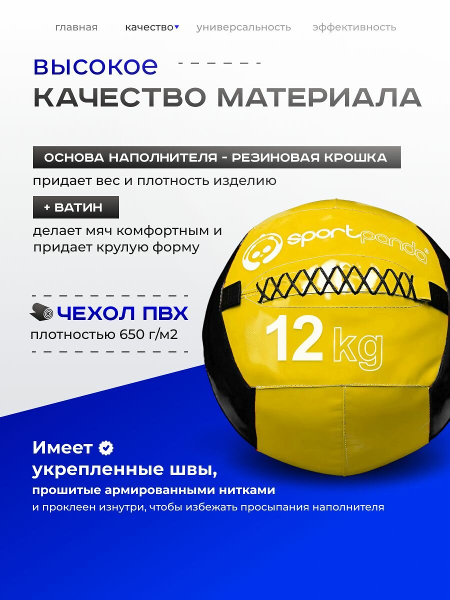 Медбол SportPanda, ПВХ, диаметр 38 см, 12 кг, армированные швы — фото 1