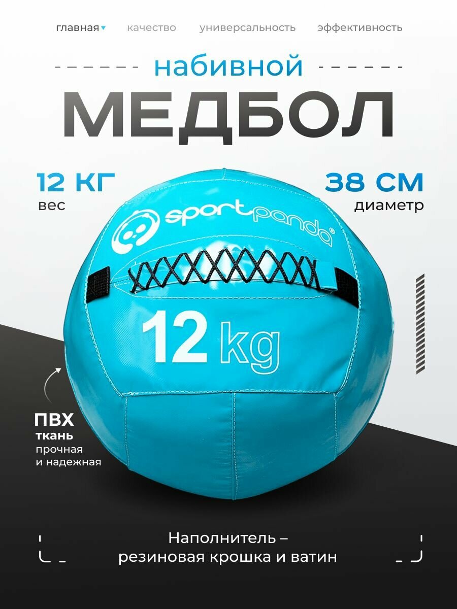 Медбол SportPanda, ПВХ, диаметр 38 см, 12 кг, армированные швы