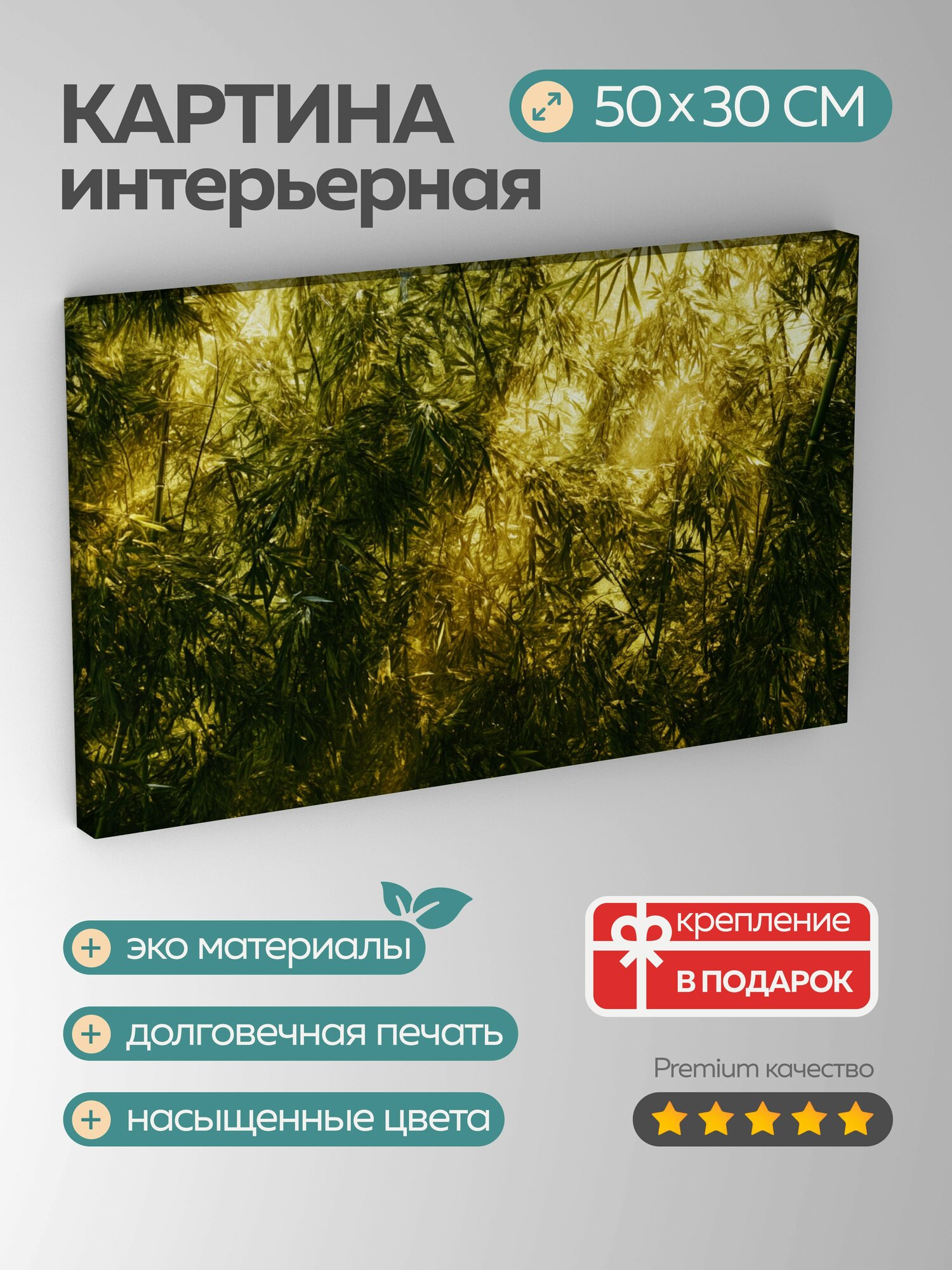 Картина на холсте интерьерная 50х30 см, Бамбуковый лес, японский, утро, зеленые оттенки, бамбуковые стебли, f