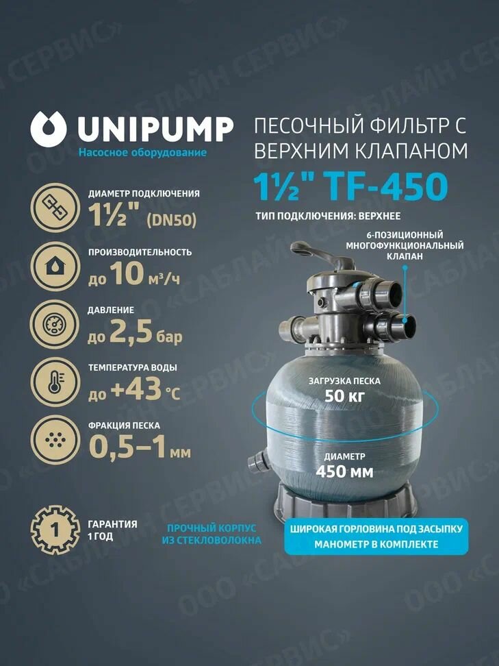 Песочный фильтр для бассейна с верхним клапаном 1 1/2" TF-450