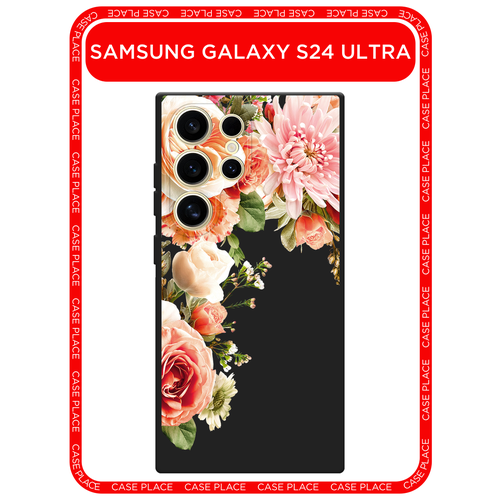 Черный матовый чехол на Samsung Galaxy S24 Ultra / Самсунг S24 Ultra с принтом Большой букет угол черный, розовый, зеленый, оранжевый