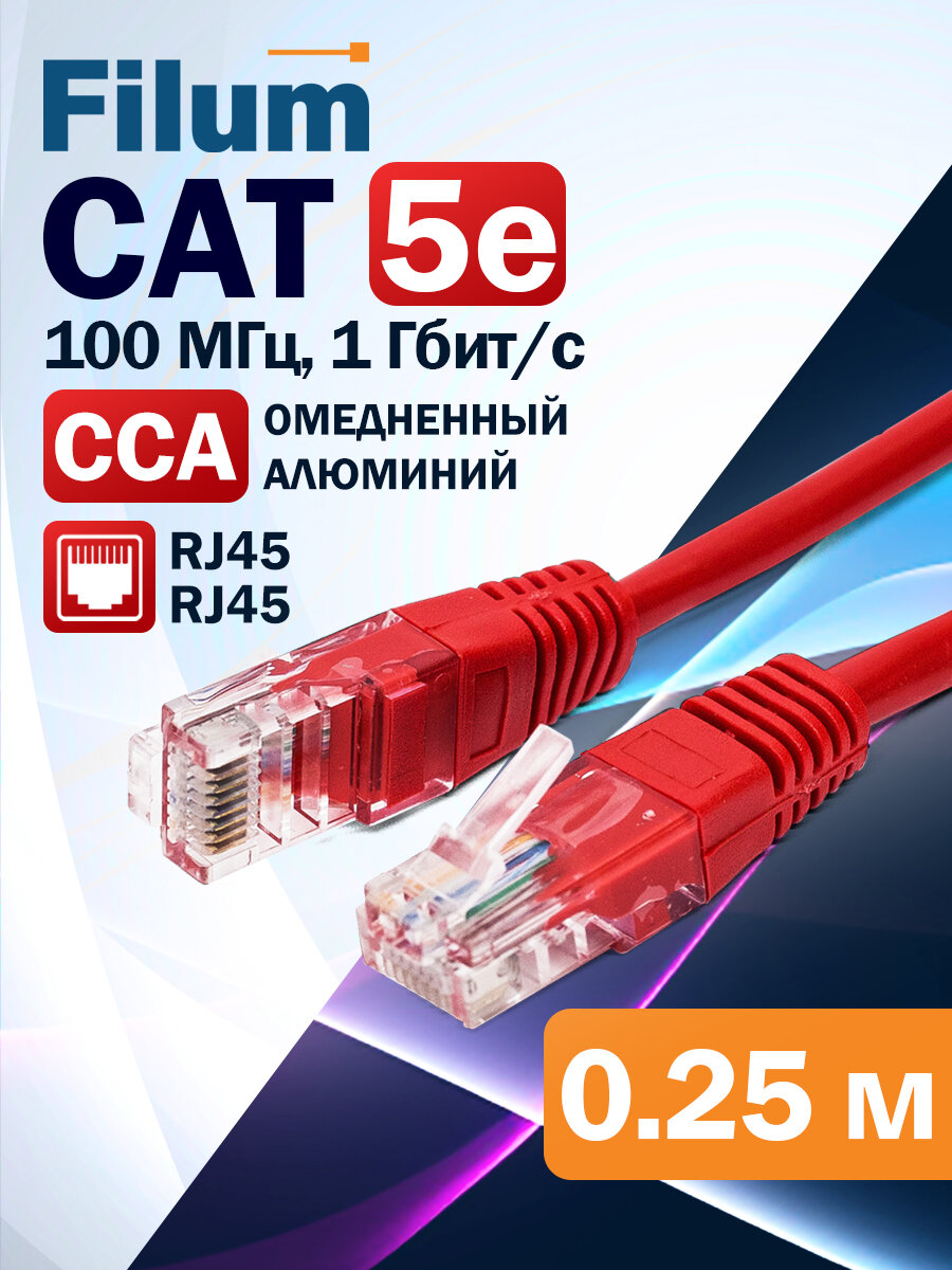 Кабель патч-корд U/UTP 5e кат. 0.25м Filum FL-U5-0.25M-R 26AWG(7x0.16 мм), омедненный алюминий (CCA), PVC, красный