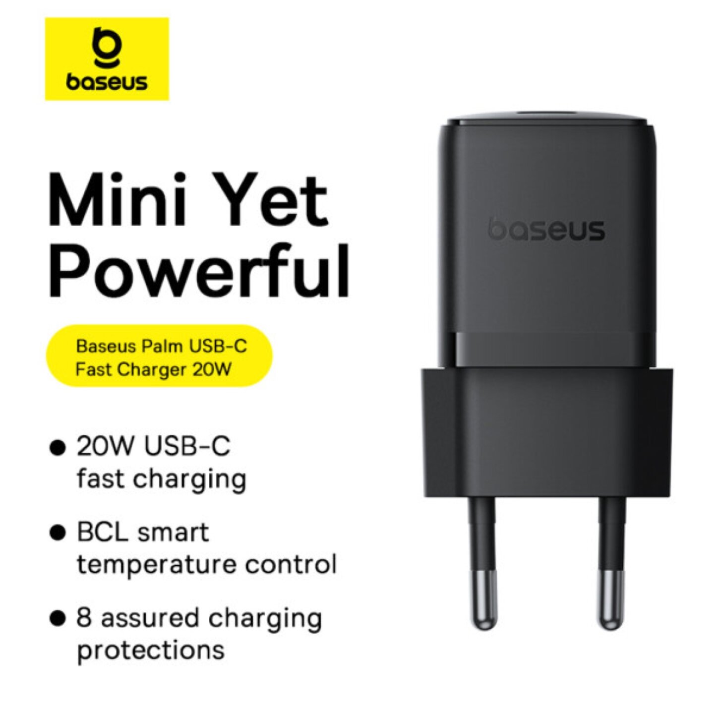 Сетевое зарядное устройство Baseus Palm Fast Charger 1C PD3.0 20W Type-C 3A + Кабель Type-C to Type-C 60W — фото 1