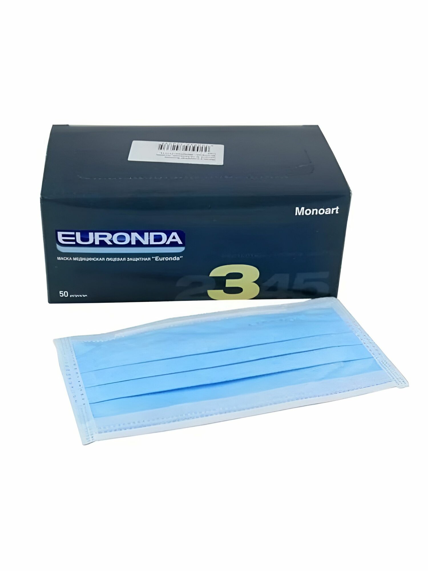 Маска одноразовая медицинская "Euronda" 3-х слойная на резинке, цвет голубой (50 шт. в уп.)