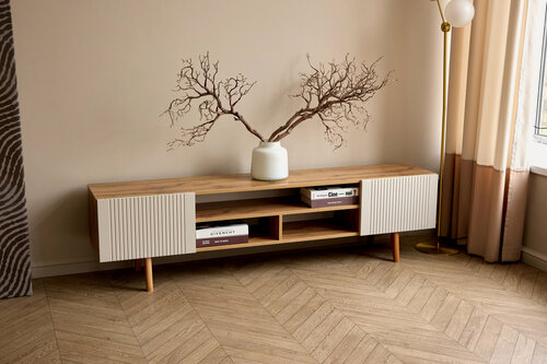 Изображение товара Тумба под телевизор Сканди - 2 (1.2) размеры ш180*в47*г35. Корпус Дуб Вотан / Фасады МДФ Кашемир.