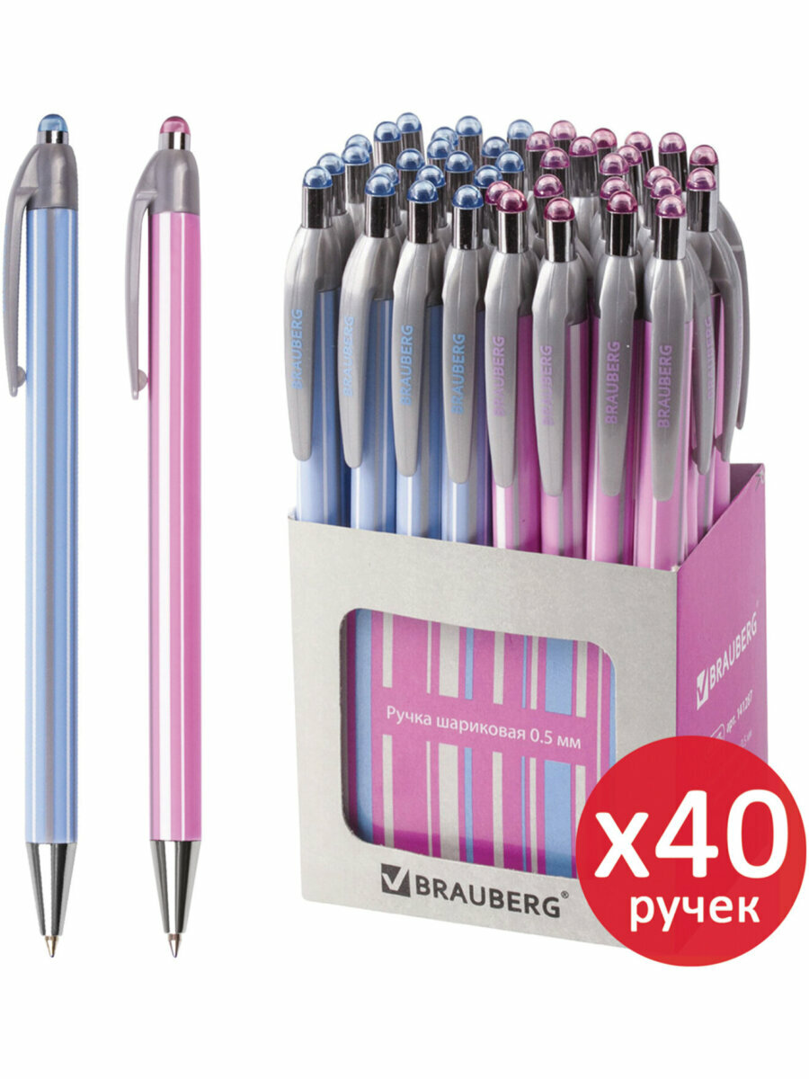 Ручка шариковая автомат. BRAUBERG Sakura, комплект 40 штук, синяя, корпус ассорти, узел 0,5 мм, 880190