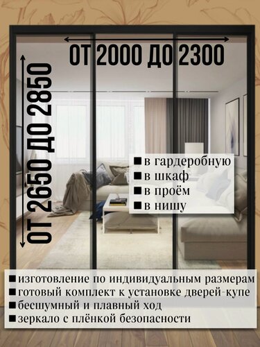 Изображение товара Раздвижные двери купе для гардеробной и шкафов купе с зеркалом в проем до 2850 по высоте и 2300мм по ширине . Комплект 3шт.