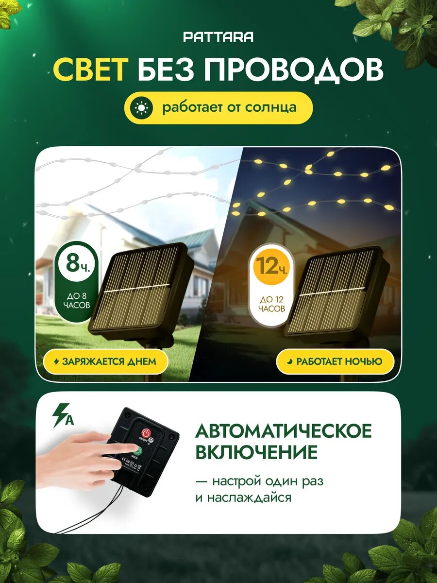 Уличная гирлянда на солнечной батарее, 102 м, Роса Нить, IP44, 8 режимов, LED Pattara — фото 1