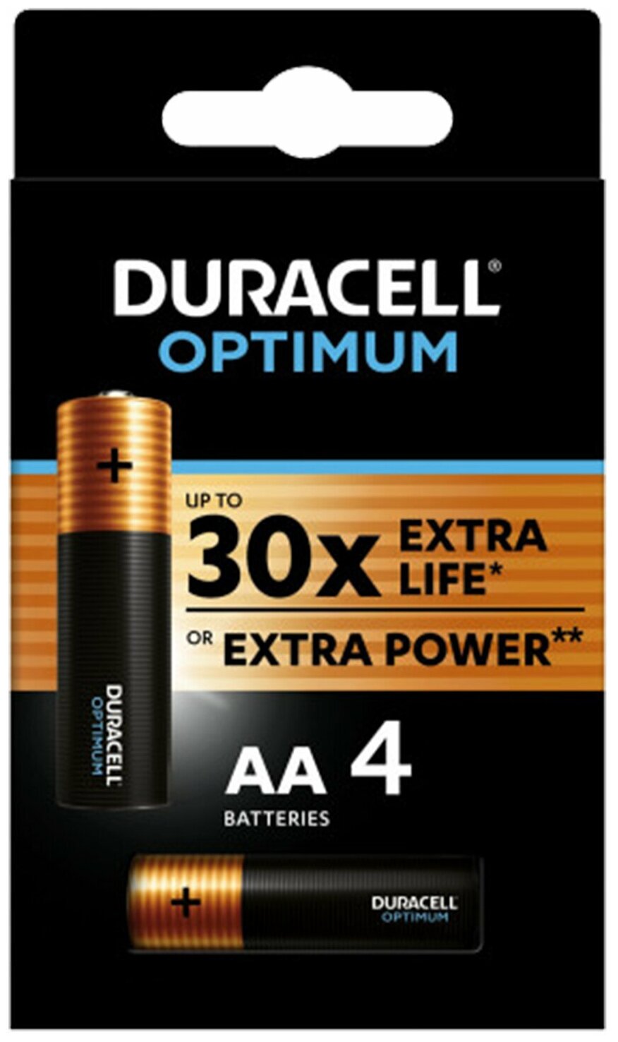 Батарейки комплект 4 шт DURACELL Optimum AA (LR6 15А) х30 мощность алкалиновые пальчиковые 5014061